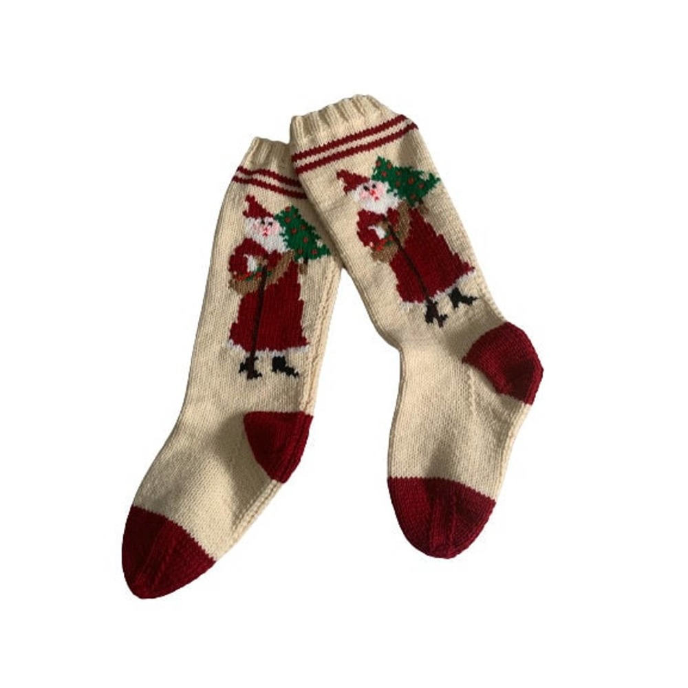 Santa Christmas Stocking // Vintage Hand Knit St. Nicholas Sock